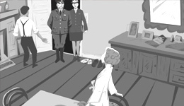 Grey monotone illustration of a man opening an apartment door to two uniformed police officers entering as a woman gets up from a chair to look at them