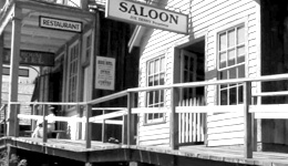 A row of wood-paneled buildings with a ramp outside and signs hanging outside. A saloon with swinging half-doors is in the foreground.