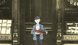 Cartoon illustration of a child wearing a cap and blue jacket holding a red model ship, superimposed on a black-and-white photo of a store front with partially visible 